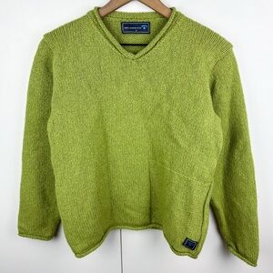Irelands Eye Wool Silk Irish Rollneck V Neck Sweater Chartreuse Lime Green Aran